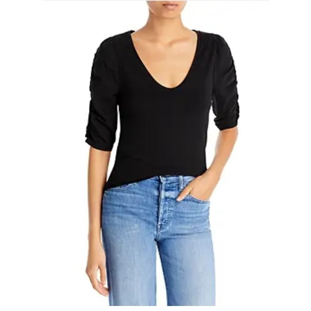 Grey State Deep Black Iman Shirred Sleeve Top Size 2
